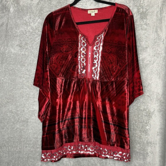 One World 1X Top Shirt Red Paisley 3/4 Sleeve V Neck Stretch Velour Sequins - Picture 1 of 8